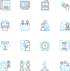 Business tasks linear icons set. Marketing, Sales, Accounting, Finance, Administration, Planning, Analysis line vector and concept signs. Strategy,Budgeting,Logistics outline illustrations