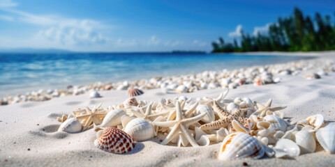 Beautiful sand beach with starfishes and shells AI generative art