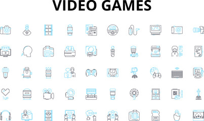 Fototapeta na wymiar Video games linear icons set. Adventure, Console, eSports, Fun, Gaming, Graphics, Immersive vector symbols and line concept signs. Innovation,MMO,Multiplayer illustration