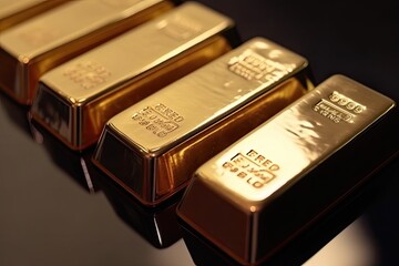 Stack of gold bars lying on a table. Close up picture created using generative AI tools