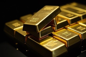 Stack of gold bars lying on a table. Close up picture created using generative AI tools