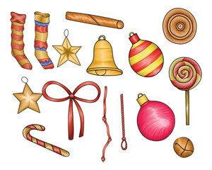 Hand drawn Christmas decorative objects, Christmas element vector illustration collection