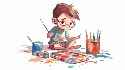 Cartoon illustration of kindergarten child wearing glasses painting on white background