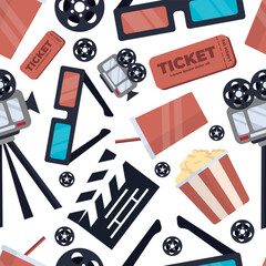movie house, cinema, filmmaking, seamless pattern. popcorn bucket, drink, movie camera, ticket, 3d glasses, videotape, movie clapper. vector flat simple cartoon film industry items.