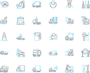 Manufacturing tools linear icons set. Automation, Cutting, Drilling, Forming, Grinding, Inspection, Lathe line vector and concept signs. Machinery,Milling,Planning outline illustrations