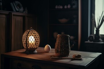 Basket of eggs with lantern and lamp on table beside another table. Generative AI