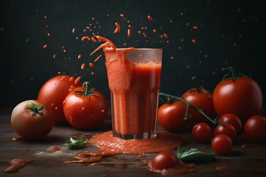 Tomato Smoothie Splatters on Cheery Background. Generative AI