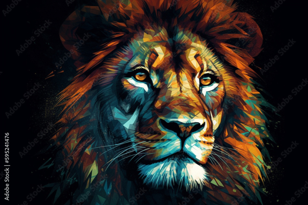 Poster abstract geometric digital artwork of a majestic lion, using sharp lines and bold colors to highlight the power and strength of this animal Generative AI technology.
