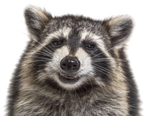 head shot of a young Raccoon facing at the camera with happy expression isolated