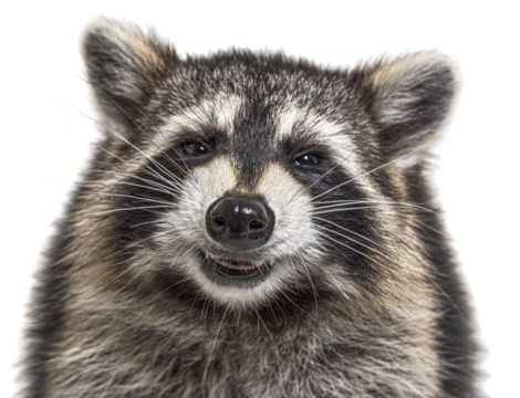 head shot of a young Raccoon facing at the camera with happy expression isolated