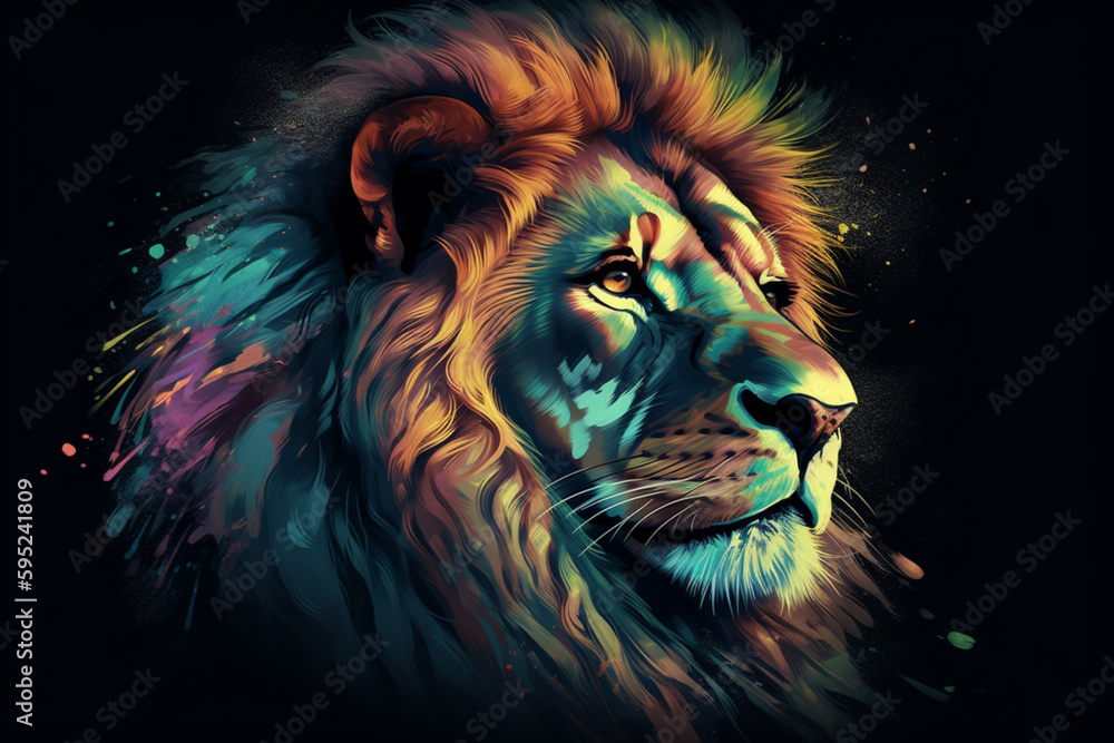Poster abstract geometric digital artwork of a majestic lion, using sharp lines and bold colors to highlight the power and strength of this animal Generative AI technology.

