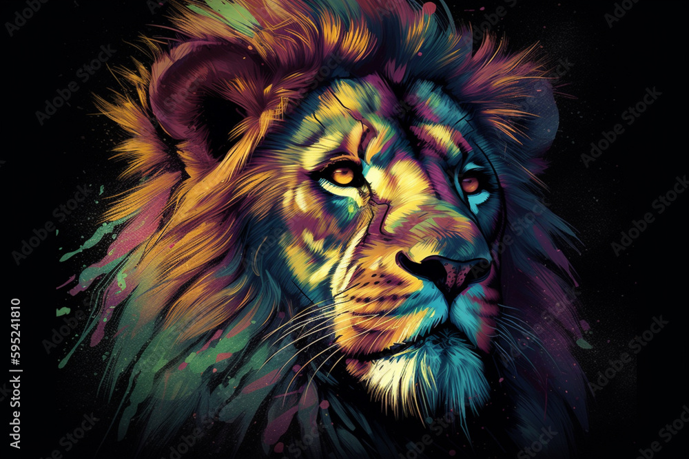 Poster abstract geometric digital artwork of a majestic lion, using sharp lines and bold colors to highlight the power and strength of this animal Generative AI technology.
