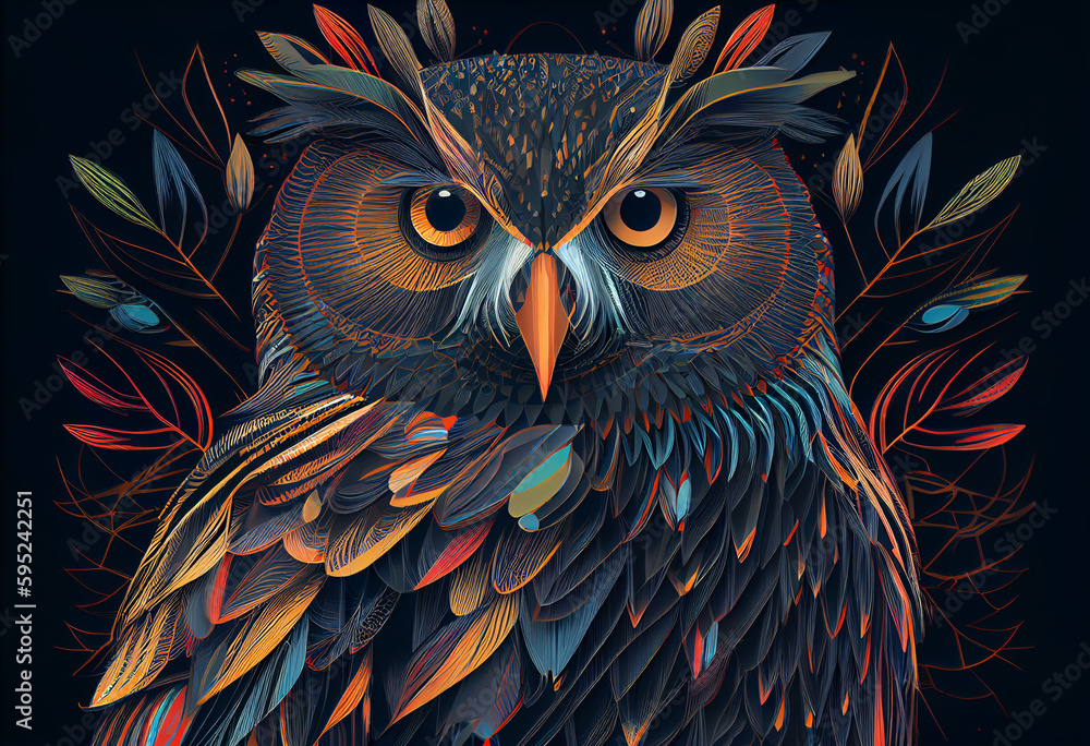 Poster create an eye-catching digital artwork of a vibrant and energetic owl, using abstract geometric shap