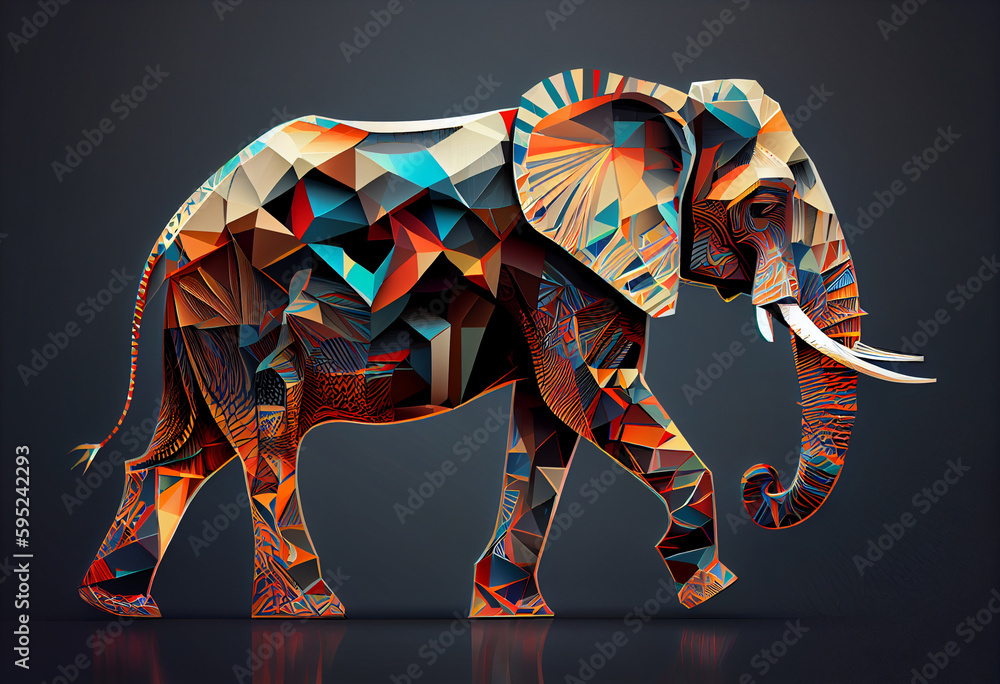 Poster produce a dynamic digital artwork of a majestic elephant, incorporating abstract geometric shapes an