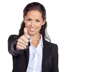 Success, thumbs up and woman portrait isolated on a transparent, png background with thanks,...