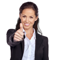 Success, thumbs up and woman portrait isolated on a transparent, png background with thanks, support and vote. Happy business person or winner yes, ok and agreement hands sign or like and subscribe
