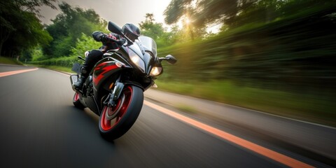 A sports bike is racing along the road. AI generative.