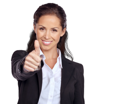 Success, thumbs up and woman portrait isolated on a transparent, png background with thanks, support and vote. Happy business person or winner yes, ok and agreement hands sign or like and subscribe - Powered by Adobe