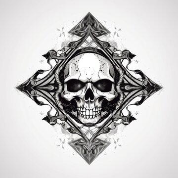 Black image of a mirrored abstract tattoo in the form of a skull. AI generative.