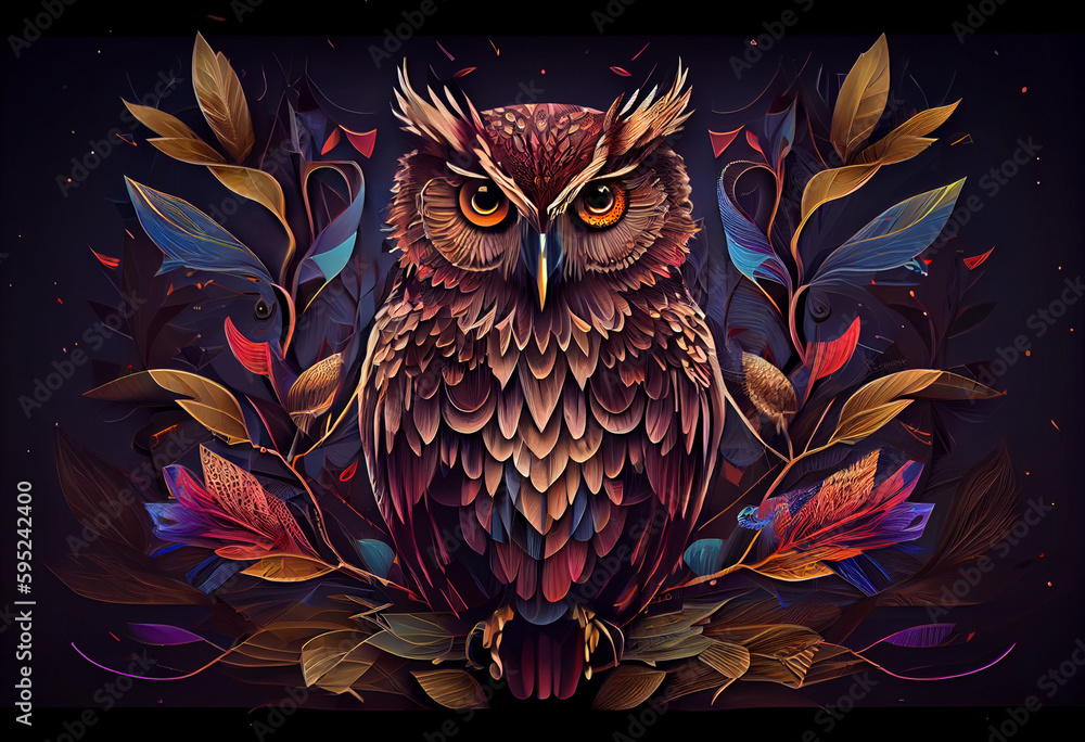 Poster create an eye-catching digital artwork of a vibrant and energetic owl, using abstract geometric shap