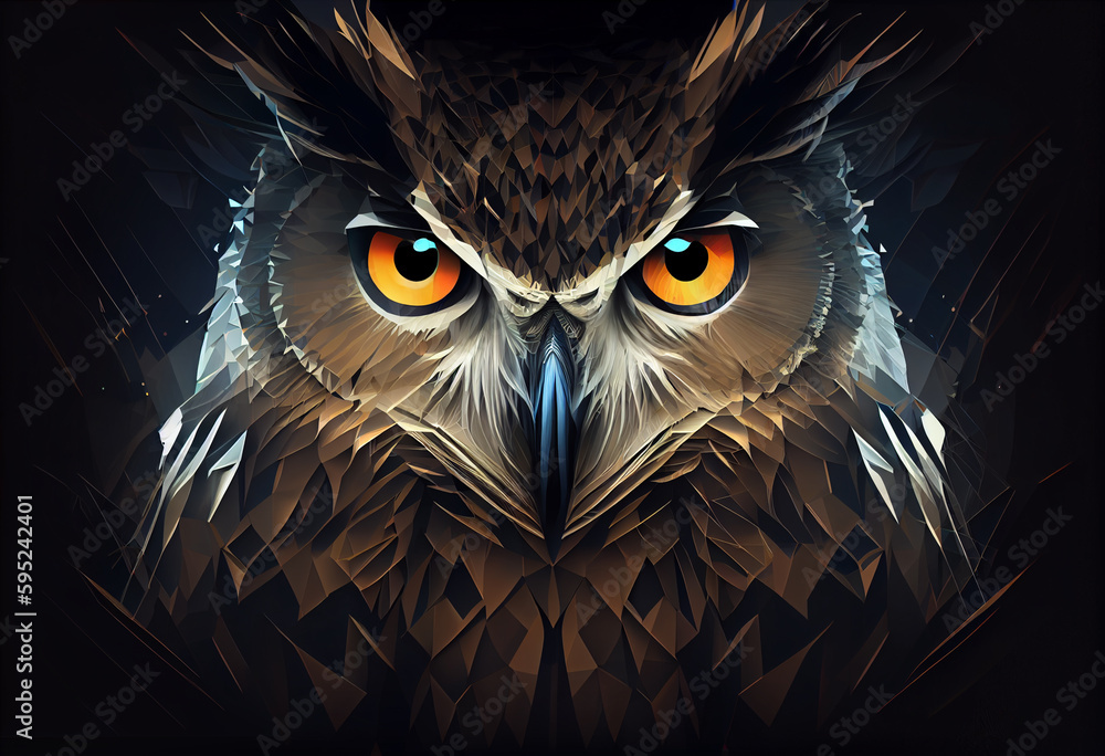 Poster create an eye-catching digital artwork of a vibrant and energetic owl, using abstract geometric shap