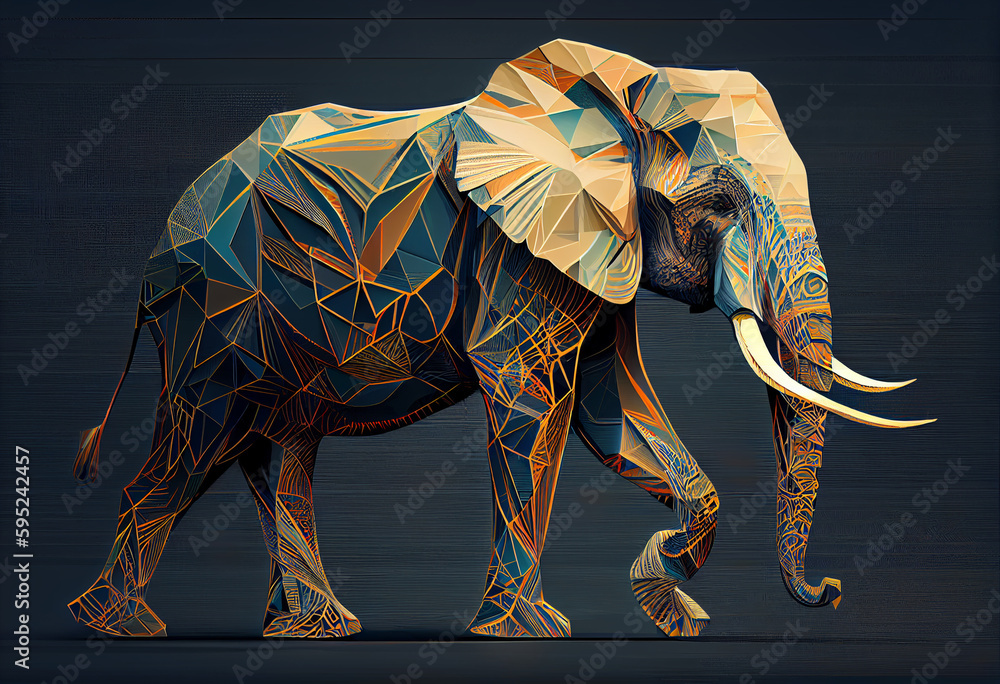 Poster produce a dynamic digital artwork of a majestic elephant, incorporating abstract geometric shapes an