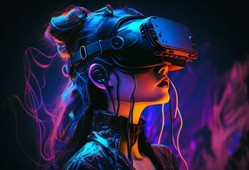 girl wearing Virtual Reality Headset. Cyberpunk, Futuristic digital painting. Generative Ai.