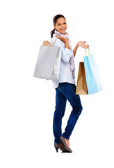 Woman, shopping bag and happy in portrait for discount, choice and excited by transparent png background. Isolated girl, model and customer experience with happiness, sale or promotion for fashion
