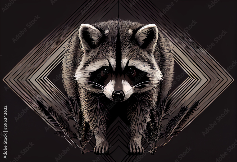 Poster Design a visually stunning digital image of a regal and powerful raccoon, using abstract geometric shapes and patterns to create a striking and dynamic composition.  Generative AI technology.
