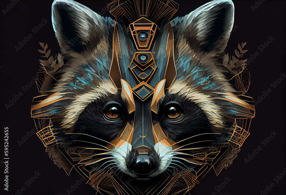 Poster Design a visually stunning digital image of a regal and powerful raccoon, using abstract geometric shapes and patterns to create a striking and dynamic composition.  Generative AI technology.

