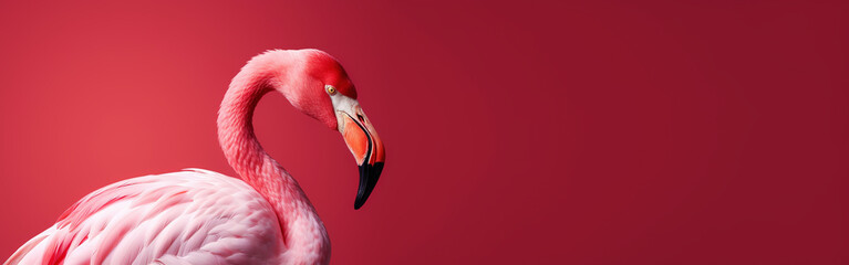 Flamingo profile on a red uniform background. Beautiful colorful bird. Generative AI