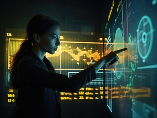 Finanzberaterin nutzt KPI-Dashboard auf virtuellem Bildschirm für Business Finance Data Analytics: Abstrakte Neon-Grafik für Financial Management Technologie und Geschäftswachstum, Generative AI - obrazy, fototapety, plakaty