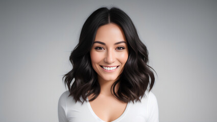 Fototapeta premium Portrait of smiling female with wavy, black hair. Empty background with mokcup. Generative AI.