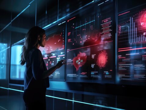 Finanzberaterin nutzt KPI-Dashboard auf virtuellem Bildschirm f&uuml;r Business Finance Data Analytics: Abstrakte Neon-Grafik f&uuml;r Financial Management Technologie und Gesch&auml;ftswachstum, Generative AI