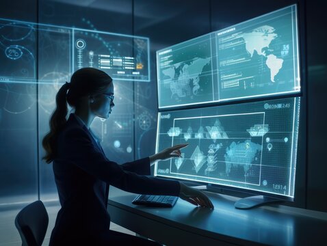 Finanzberaterin nutzt KPI-Dashboard auf virtuellem Bildschirm f&uuml;r Business Finance Data Analytics: Abstrakte Neon-Grafik f&uuml;r Financial Management Technologie und Gesch&auml;ftswachstum, Generative AI