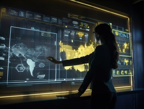 Finanzberaterin nutzt KPI-Dashboard auf virtuellem Bildschirm f&uuml;r Business Finance Data Analytics: Abstrakte Neon-Grafik f&uuml;r Financial Management Technologie und Gesch&auml;ftswachstum, Generative AI