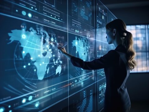 Finanzberaterin nutzt KPI-Dashboard auf virtuellem Bildschirm f&uuml;r Business Finance Data Analytics: Abstrakte Neon-Grafik f&uuml;r Financial Management Technologie und Gesch&auml;ftswachstum, Generative AI