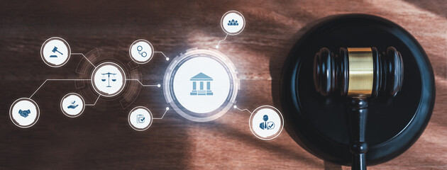 Smart law, legal advice icons and lawyer working tools in the lawyers office showing concept of...