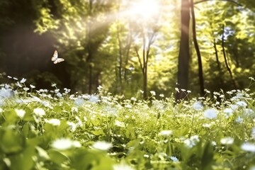 Obraz premium Forest glade with lots of white spring flowers and butterflies on a sunny day