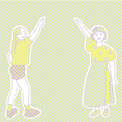 指差しのジェスチャーをしている2人の女の子の手描きイラスト