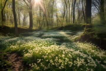 Forest glade with lots of white spring flowers and butterflies on a sunny day