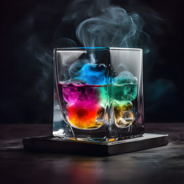 Colorful ice cubes in whisky glass. Cooling feeling.