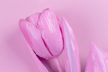 On a pink background, a pink tulip, which is covered with acrylic paint. Minimalist flower. Delicate background with a flower in one color scheme.