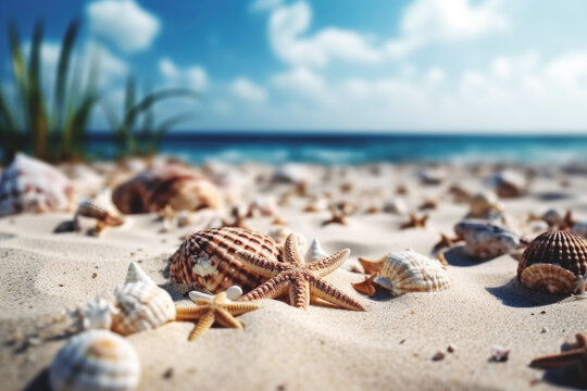 Beautiful sand beach with a starfishes and seashells AI generative art