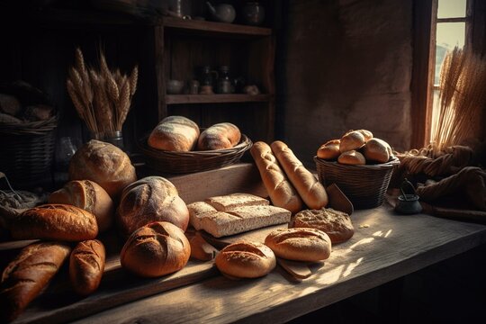 Charming scene of assorted homemade breads in a rustic setting. Generative AI