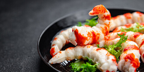 crab sticks shrimp shape seafood fresh meal food snack on the table copy space food background rustic top view © Alesia Berlezova