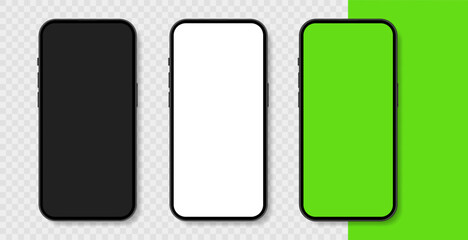 Realistic smartphone with green, black and white chroma key screen. Vector illustration