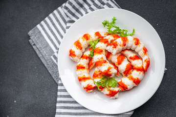 crab sticks shrimp shape seafood fresh meal food snack on the table copy space food background rustic top view