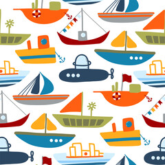 Cute and nautical seamless pattern with child boat. Hand drawn style.