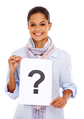 Question mark, happy and portrait of a woman with a poster isolated on a transparent png...
